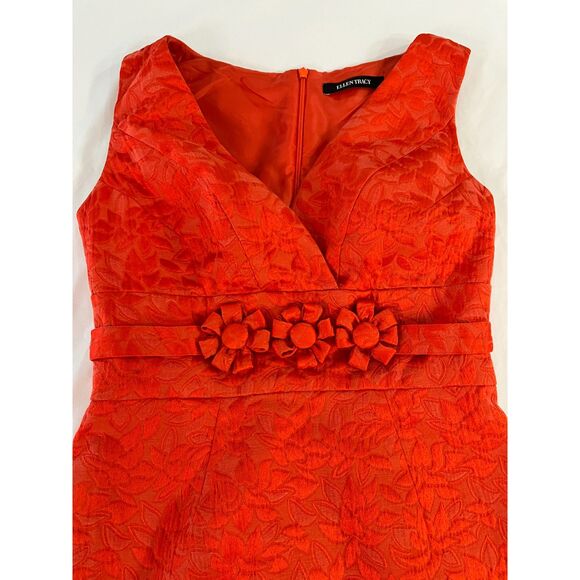 Ellen Tracy Jacquard Floral Orange V-neck Sleeveless Sheath Dress Size Small - Picture 12 of 14